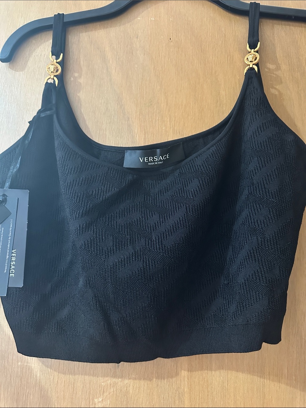 Versace Black Cropped Jacquard Camisole with Gold Medusa Strap Details